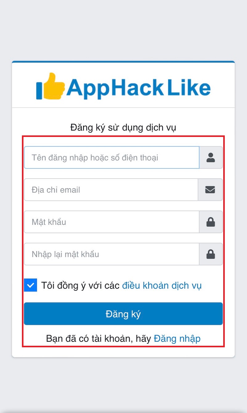 Đăng ký tài khoản tại apphacklike