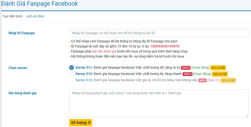 Cài đặt đơn hàng đánh giá fanpage tại apphacklike