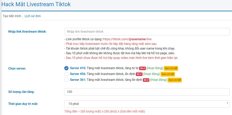 Cài đặt đơn hàng hack mắt livestream Tiktok tại apphacklike