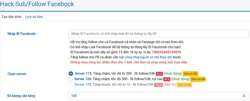 Cài đặt đơn hàng hack follow Facebook tại MinoLike