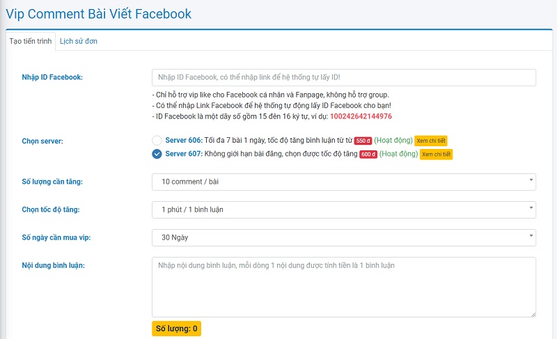 Cài đặt đơn hàng vip comment bài viết Facebook tại apphacklike